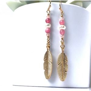 Fresh Water Pearl Glass Bead Feather Gold Tone Dangle Women Boho Earrings